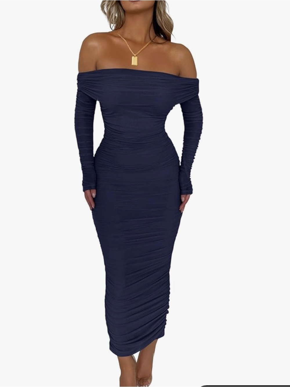 PRETTYGARDEN Navy off the shoulder Dress- Size S NWT